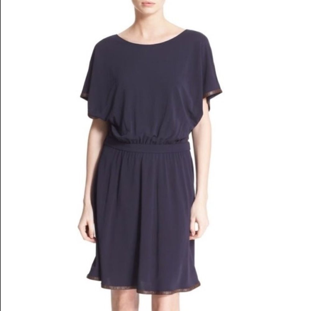 ** Tory Burch Shia Navy Viscose Dress With Faux Leather Trim Size S